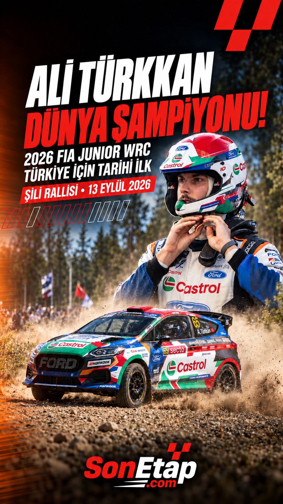 Ali Türkkan 2026 FIA Junior WRC dünya şampiyonu — yarış fotoğraflarından hazırlanmış SonEtap kapağı